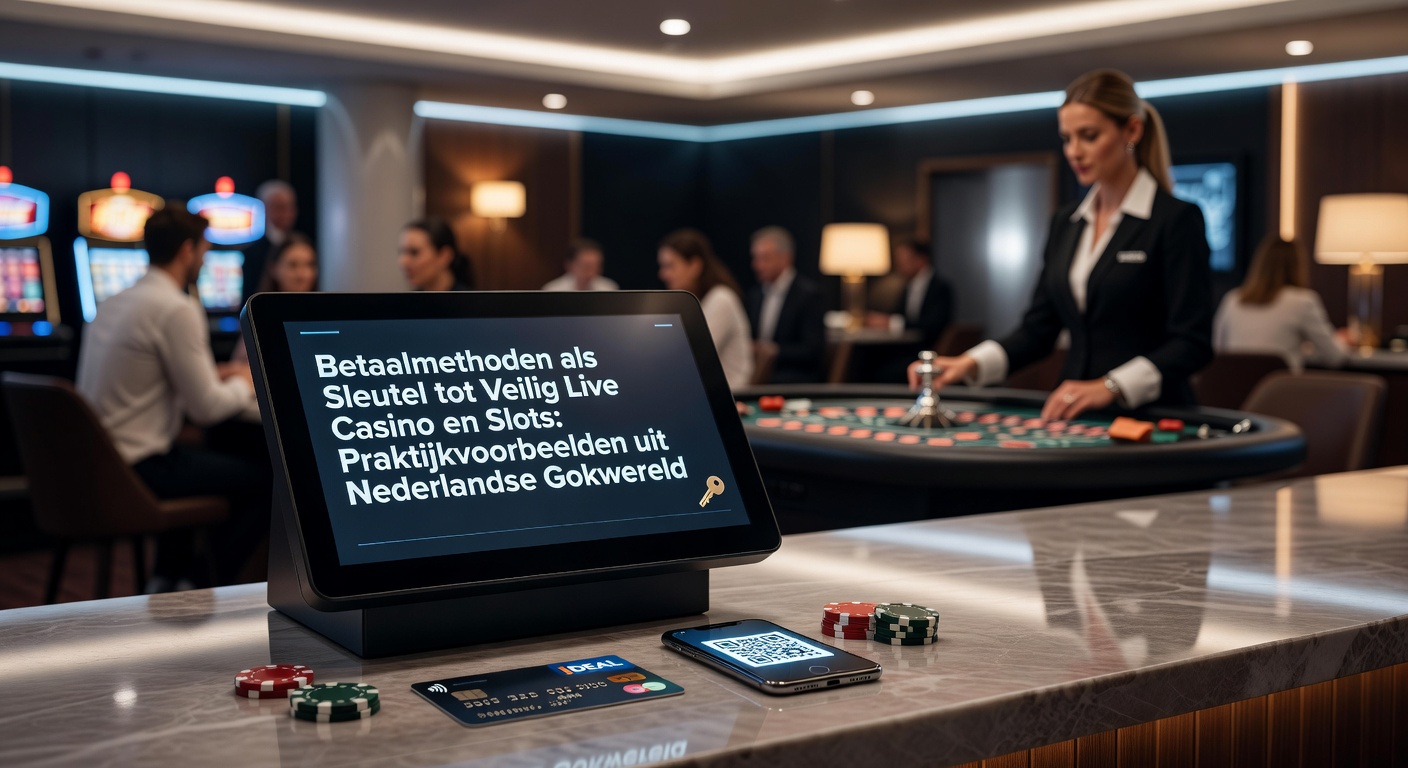Grafische weergave van digitale betaaliconen zoals iDEAL en creditcards die een slotmachine en live dealer tafel beveiligen in een Nederlands casino-thema