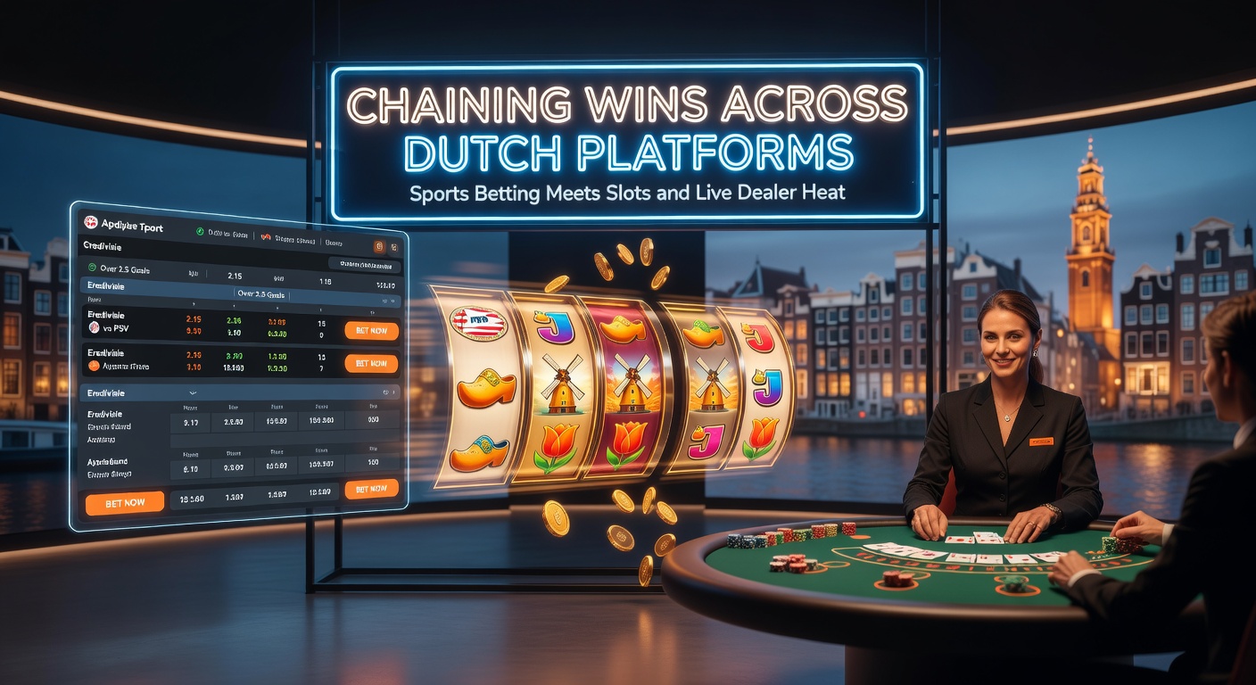 Dynamische weergave van sportweddenschappen die overgaan in slotmachines en live dealer tafels op een Nederlands online casino platform