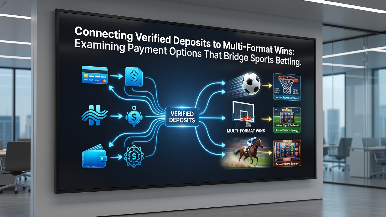 Diagram van betalingsstromen tussen sportweddenschappen, slotjackpots en live casino spellen met verificatiestappen