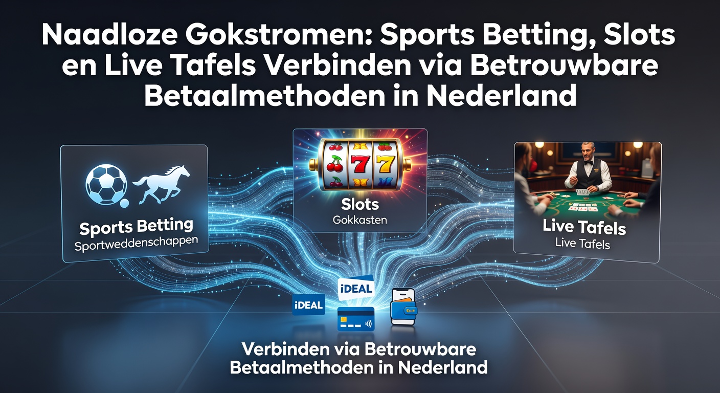 Grafische weergave van naadloze integratie tussen sportweddenschappen, slots en live casino tafels met veilige betaaliconen zoals iDEAL en bankoverschrijvingen
