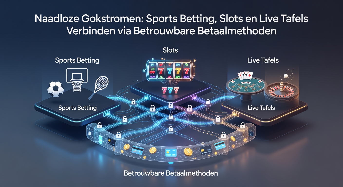 Illustratie van een speler die naadloos wisselt tussen sportweddenschap, slotspel en live dealer tafel op een mobiel scherm, met betaalopties zichtbaar