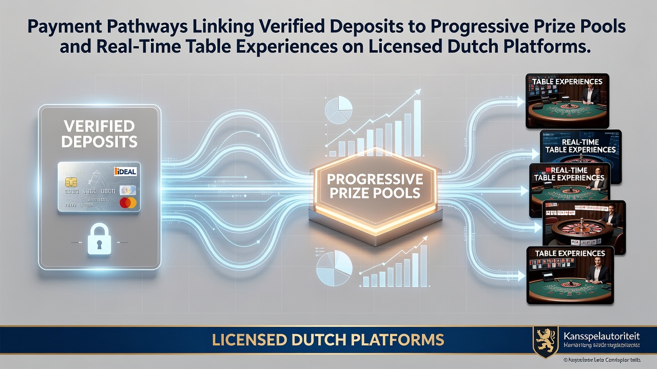 Illustratie van betalingspaden die stortingen verbinden met jackpotpools en live tafels op Nederlandse platforms